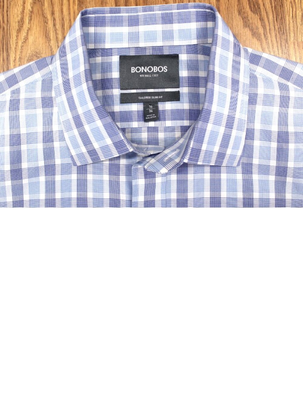 BONOBOS SLIM FIT SHIRT 100% COTTO BLUE & WHITE PLAID Sz 16 LARGE, L